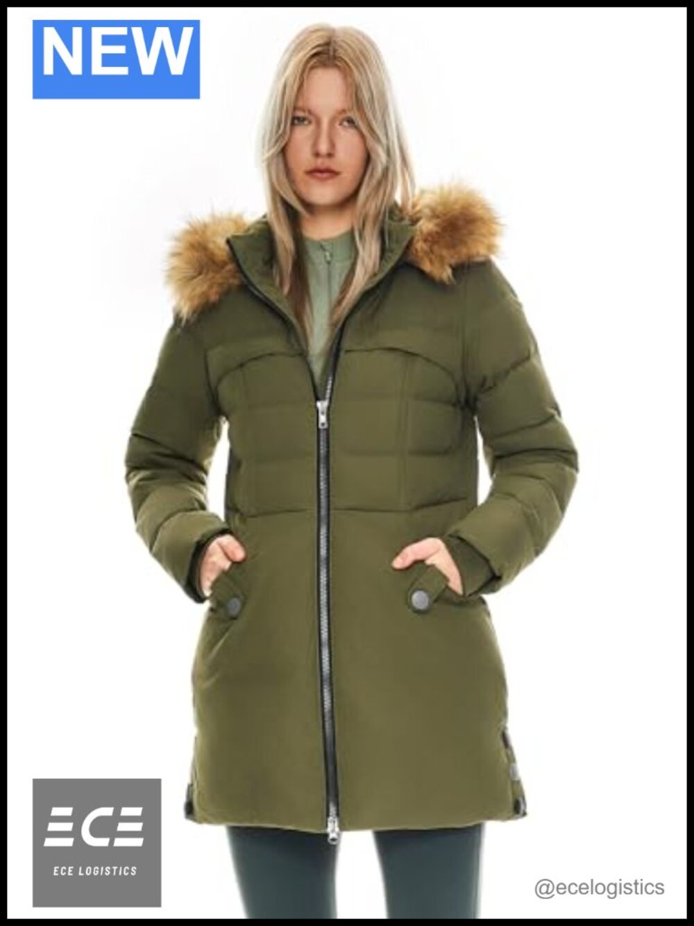 Women's Winter Down Jacket Faux Fur Trim Hood Slim Fit Warm Coat